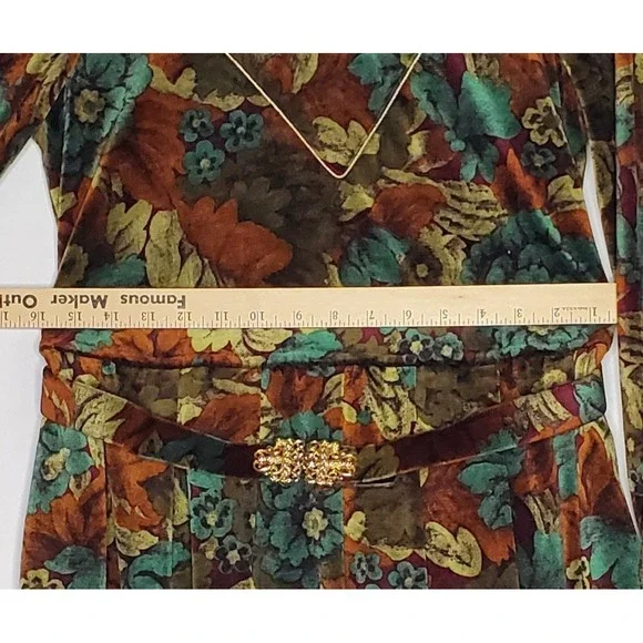 Vintage Floral Velvet Midi Dress 8 Long Sleeve Pleated Gold Buckle Lined70s - Picture 10 of 12